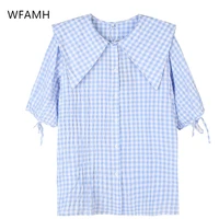college style casual loose navy collar 2021 summer new style plaid short sleeved solid color shirt plus size womens clothing