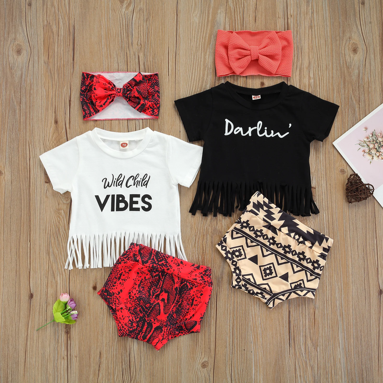 

OPPERIAYA 3Pcs Newborn Baby Summer Cotton Outfits Short Sleeve Letter Print Tassel Tops Geometry Shorts Headband Casual Set
