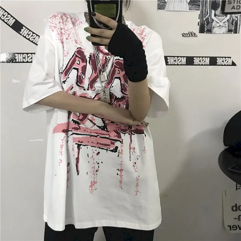 

2021 Summer Short Sleeve T-shirt Female Harajuku Letter Printing Round Neck Graphic Tees Chinese Fashion Goth Kawaii Clothes