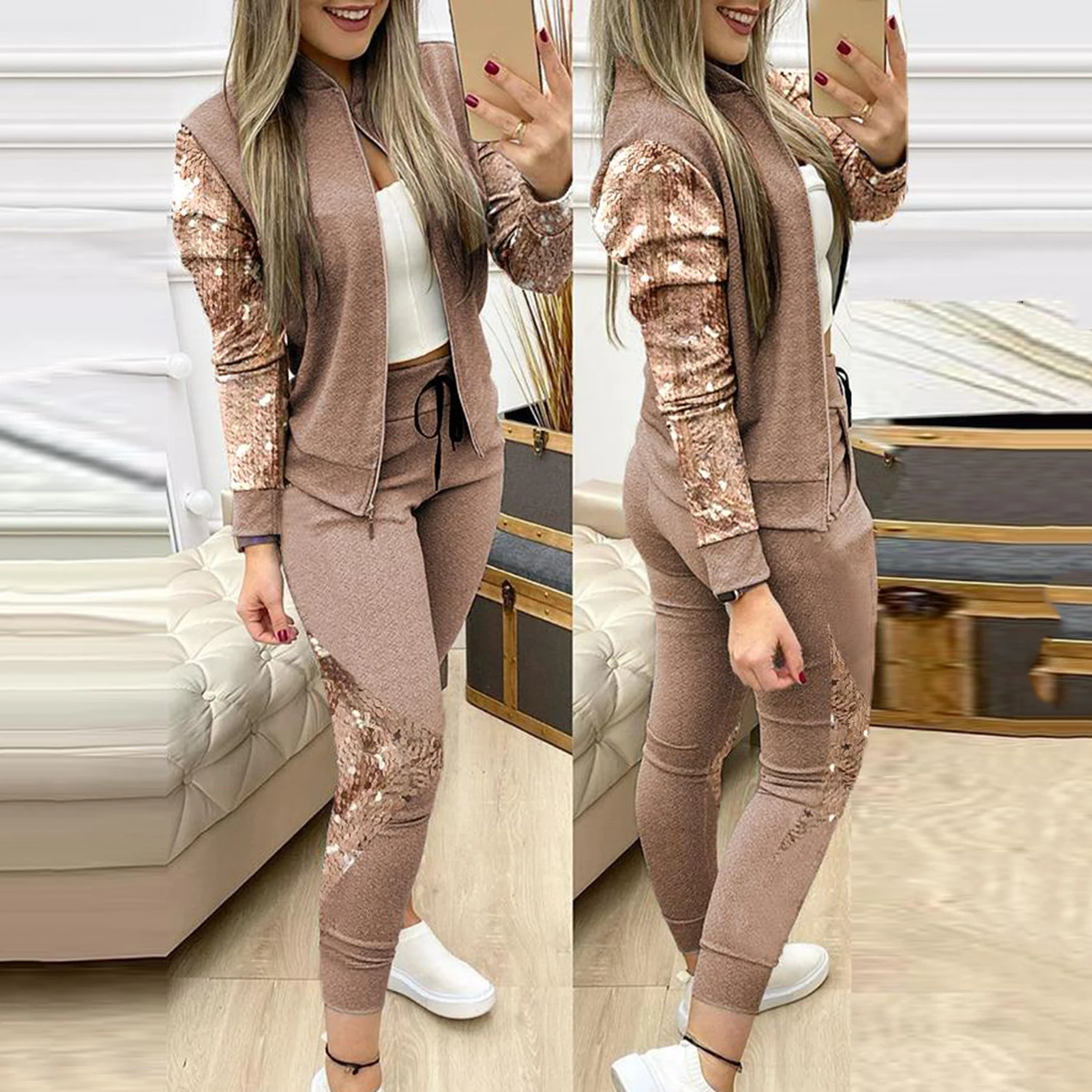 

Женский комплект из 2 предметов Zoulv, повседневный жакет на молнии с длинным рукавом, облегающие брюки, спортивный костюм с блестками, весна-о...