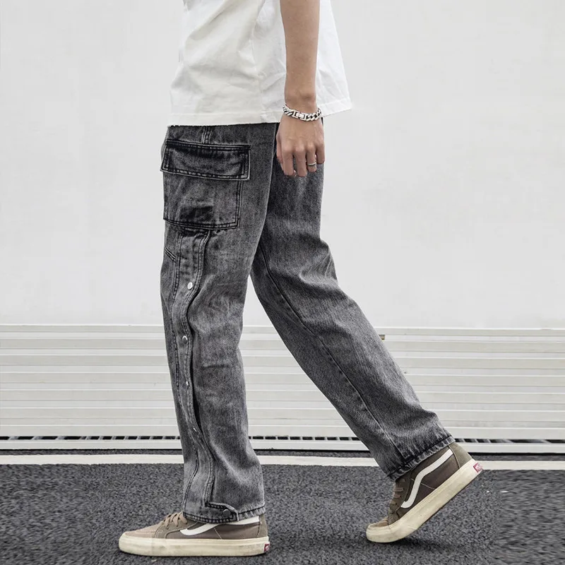 Korean Fashion Side Button Vintage Grey Men Hip Hop Jeans Trousers Washed Straight Casual Denim Pants Elegant Pantalon Homme