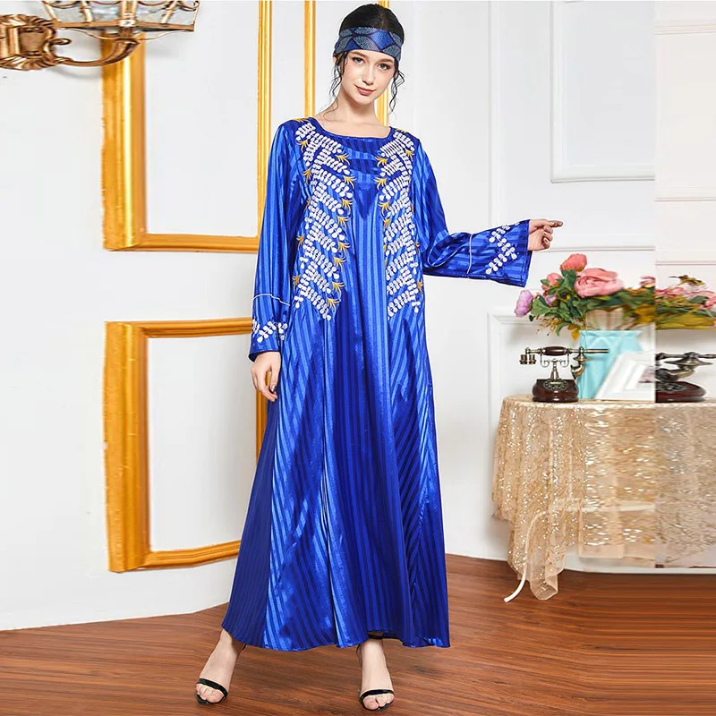 

European station blue temperament women's embroidery long-sleeved elegant casual loose plus size dress Muslim women's long skirt