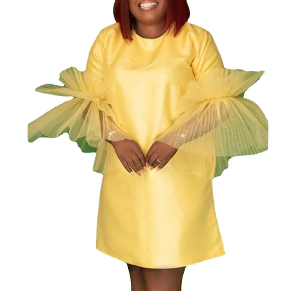 

xxl plus women dress yellow Splicing Net Yarn Casual African Mesh Sleeve Lady short dresses robe femme vestidos summer chic