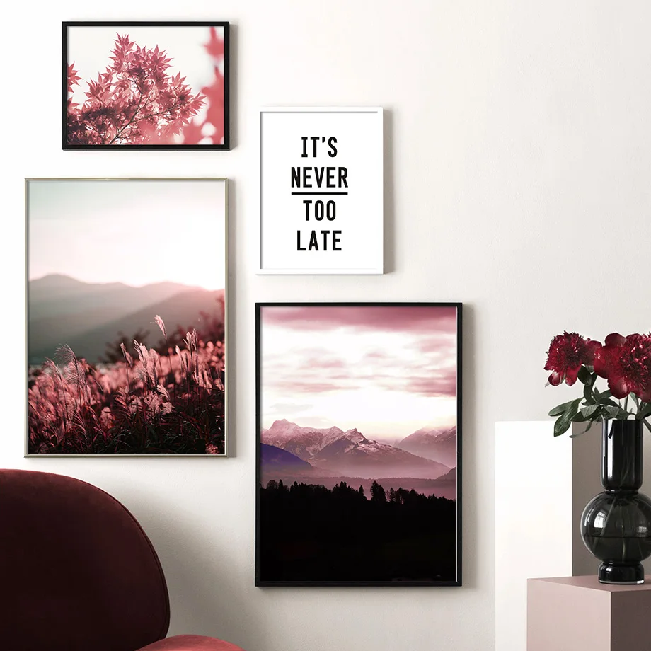 Настенная картина с изображением розового неба горных растений пейзажа
