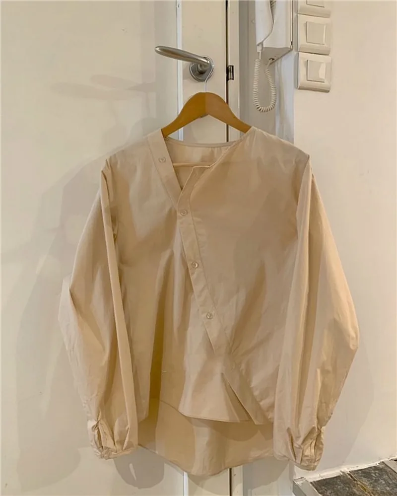 

Long-sleeved T Shirt Korean Version of The Fall Single-breasted Tops Casual Beveled Single-breasted Design Slim Loose Tees 2021