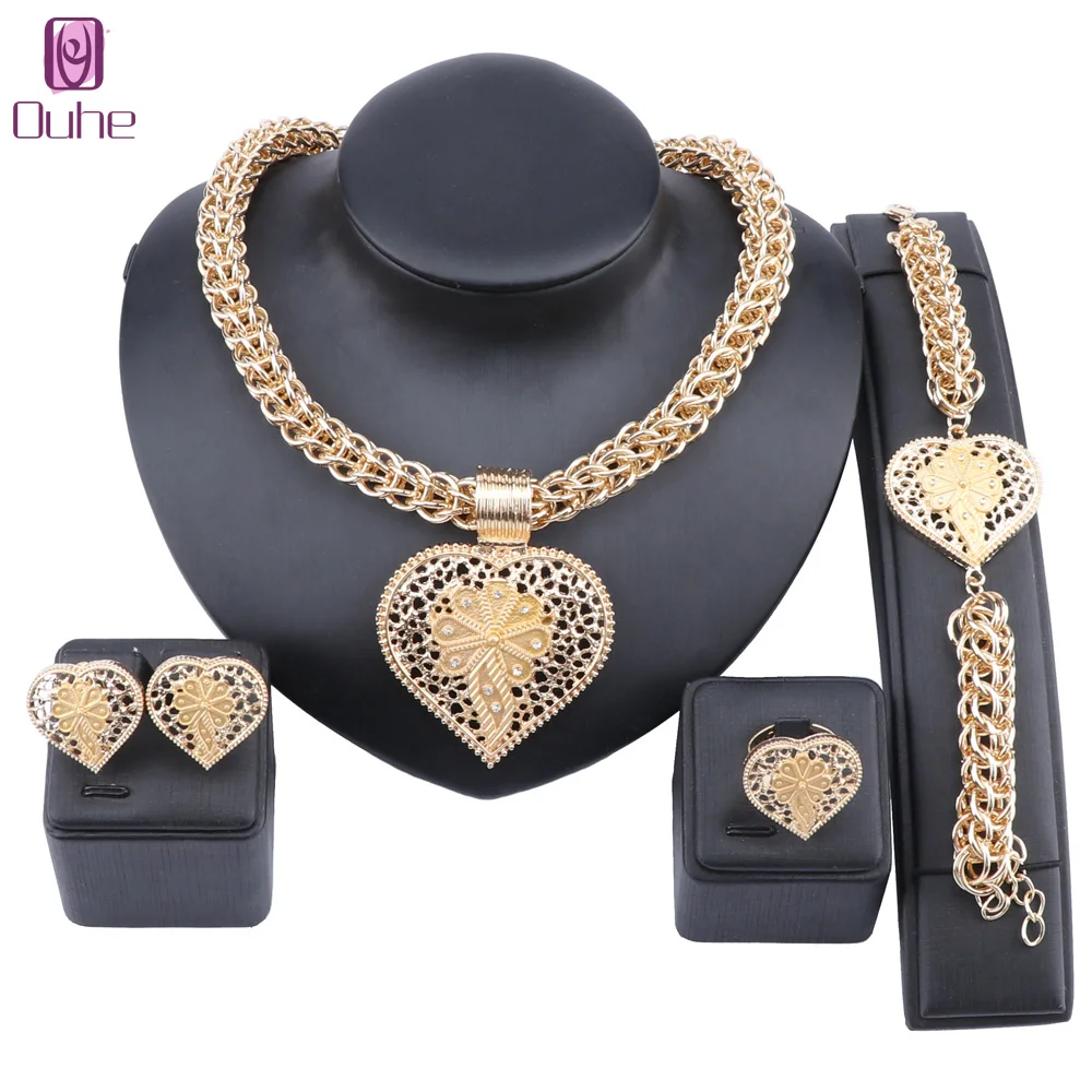 Дубай золотой цвет кристалл сердце кулон ожерелье серьги ювелирный набор