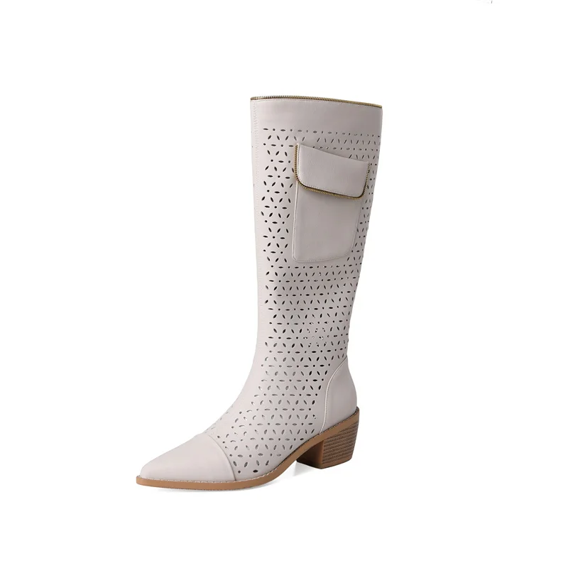 

ZJVI Thigh Knee High Boots 2022 Women genuine leather Womens 5.5CM square Heels pointed Toe Shoes Ladies Sandals Summer Girls