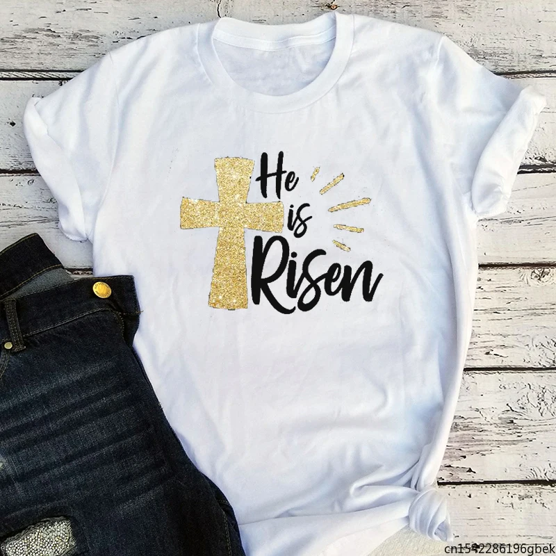 

Christian Graphic Women Harajuku Couple Clothes PrintHe Is Risen Tshirt Easter Cross