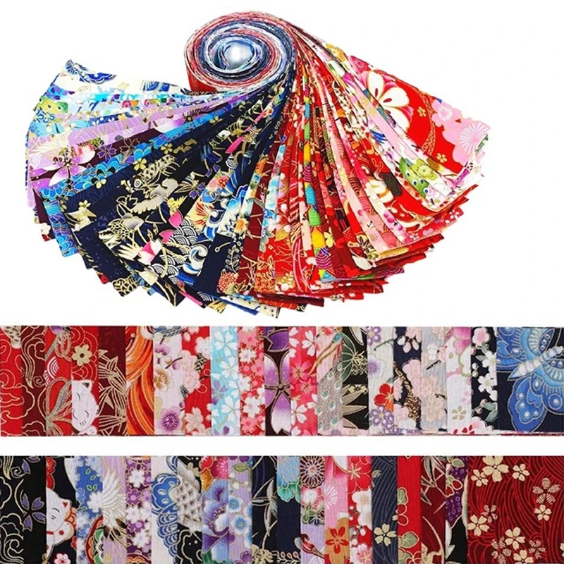 

40PC Japanese Style Sakura Cotton Cloth Strips Ethnic Style Bronzing Patchwork Cloth Red Koi Butterfly DIY Decorative 6.5X50CM