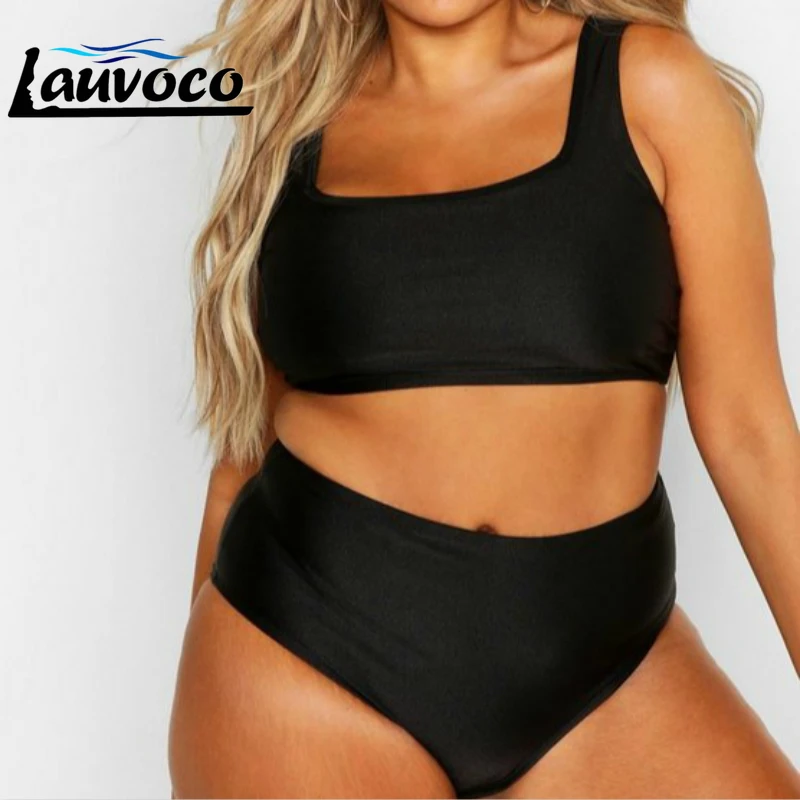 Однотонный черный комплект бикини большого размера купальник с высокой талией
