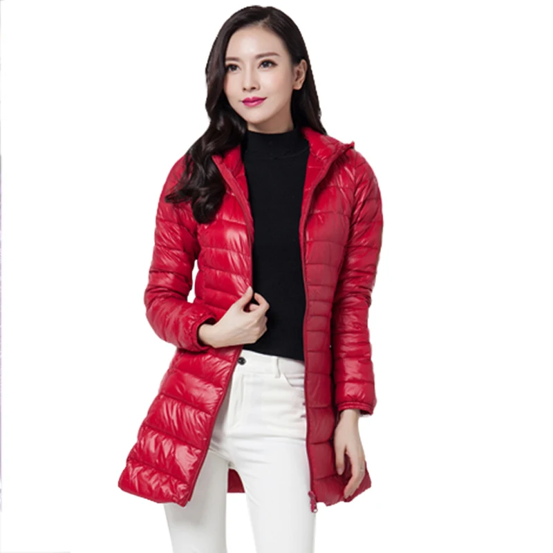 

new Woman Spring Hooded Long Jacket White Duck Down Female Overcoat Ultra Light Slim Solid Jackets Coat Portable Parkas