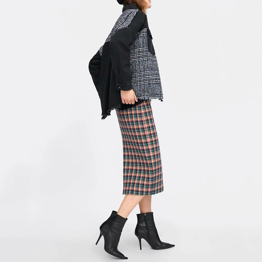 Женское клетчатое пальто ZA асимметричное Свободное контрастных цветов с