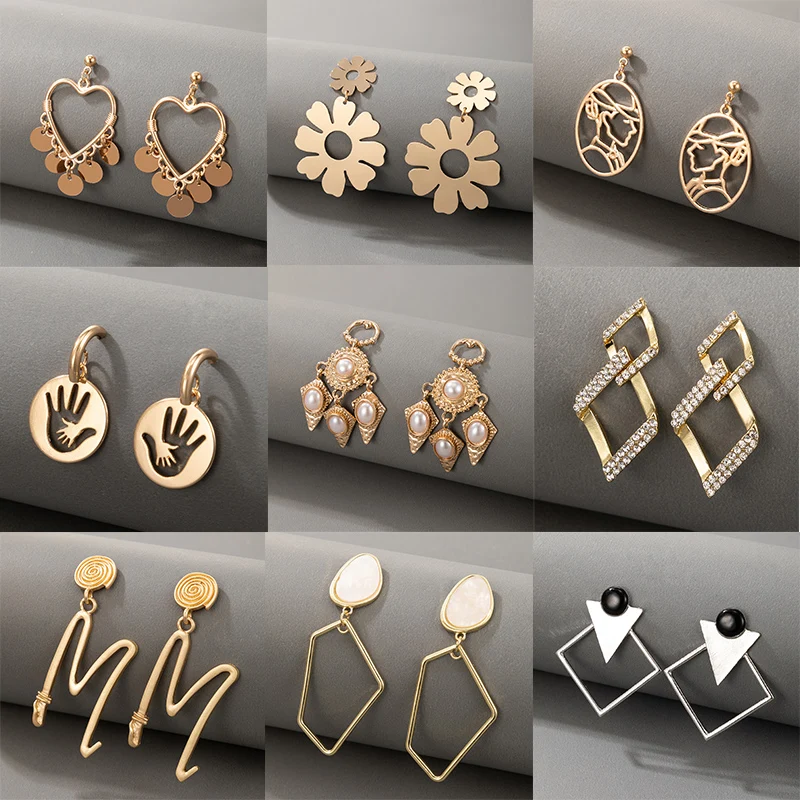 

docona 9 Styles Bohemia Pearl Heart Drop Earring for Women Punk Hollow Irregular Geometric Dangle Earrings Female Jewelry Gift
