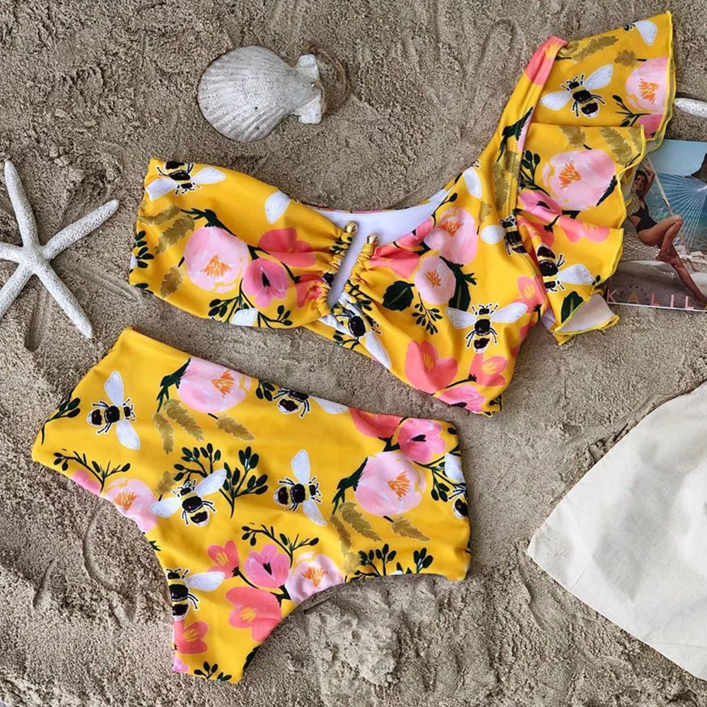2021 New Sexy Bikinis Women High Waist Swimsuit Push Up Swimwear Flower Print Ruffle Bikini Set Beach Wear Bathing Suit