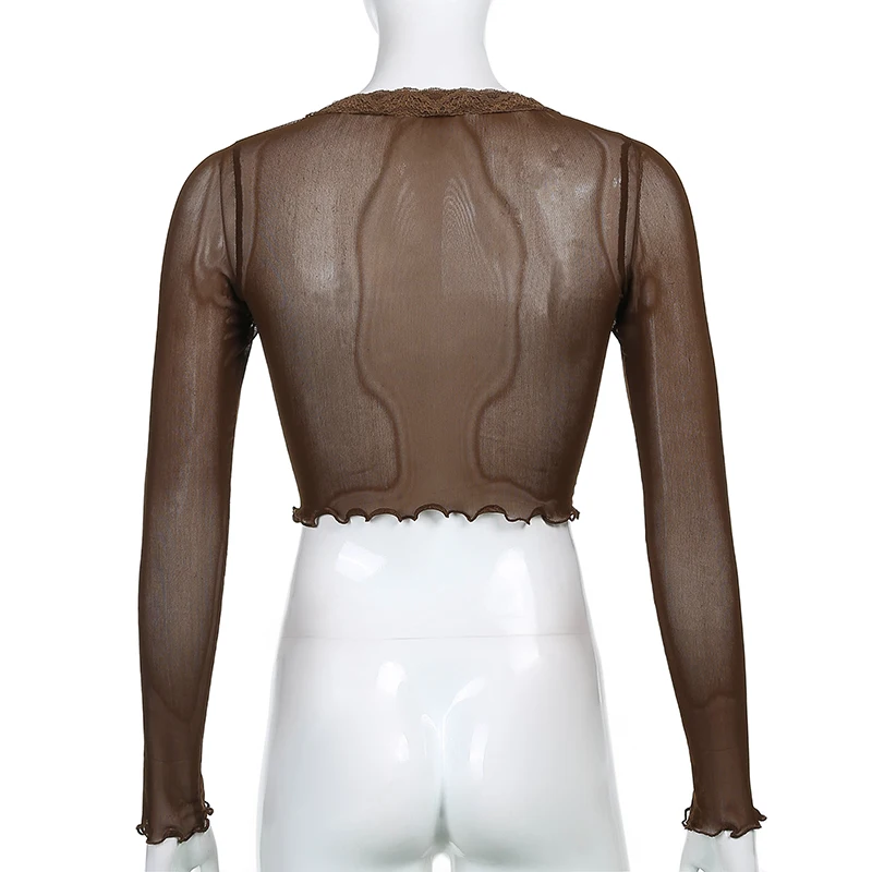 

2021 Brown Mesh Transparent Sexy Crop Top T Shirt Women Autumn Long Sleeve T-shirt Ladies Button Up Party Club Tee Shirt