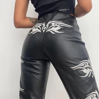 fashion printed pu leather pants women sexy legging bodycon high waist flare leg trouser women party nightclub outfits