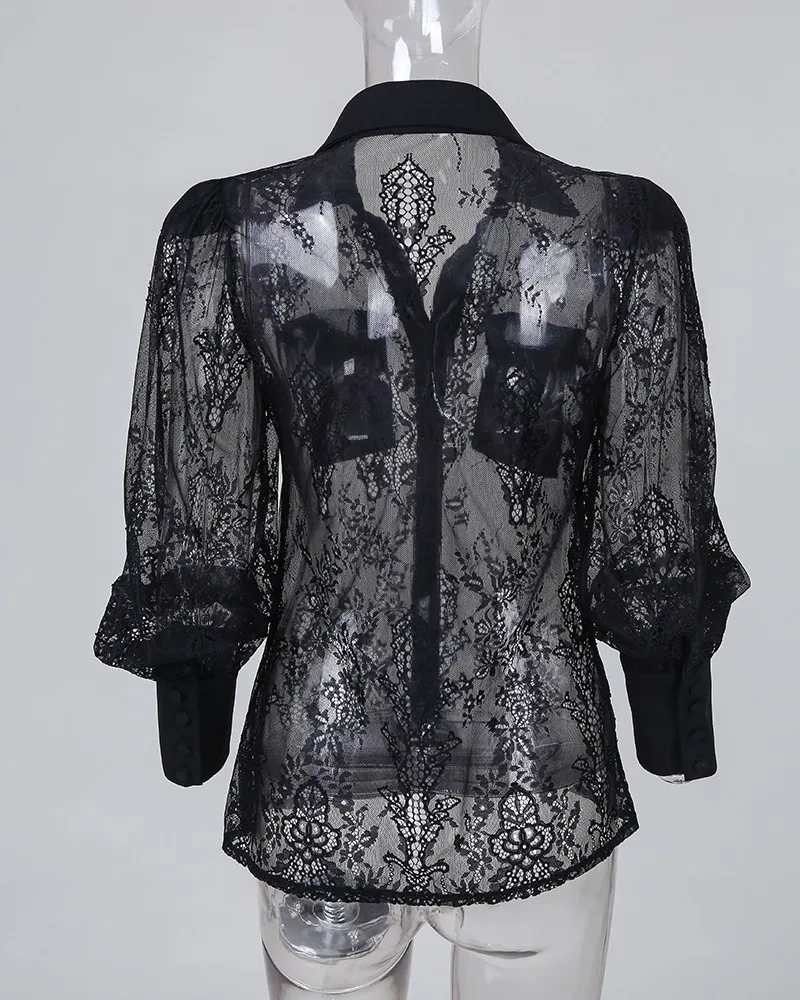 Сексуальный черный из прозрачной ткани сетчатая кружевная блузка с буфами на