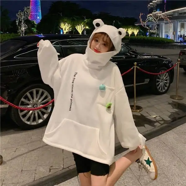 

Frog Hoodie Winter Fashion 2020 Splice Sweatshirt Women Long Sleeve Pullover Casual Loose Tops Black Plus Velvet Hoodie