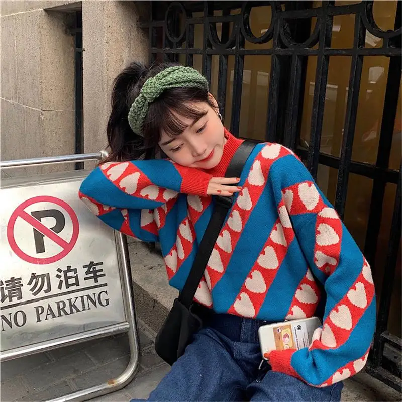 Casual Loose High Collar Love Sweater Women's Sweaters Japanese Kawaii Ulzzang Female Korean Harajuku Clothing For Women | Женская