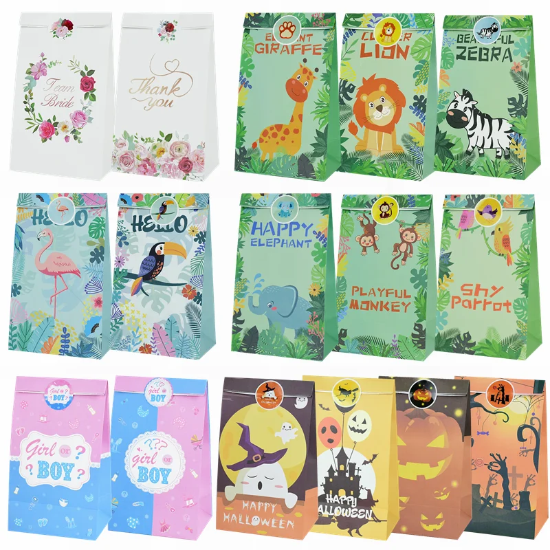 

12pcs Stand Up Gift Bag Cartoon Animals Flowers Paper Bags with Sticker Wedding Birthday Party Treat Gift Packaging Decoration 8
