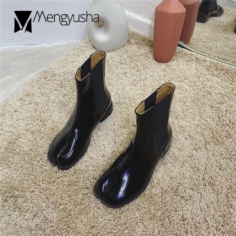 Japanned кожаные ботинки с разрезом женские эластичные на массивном каблуке до