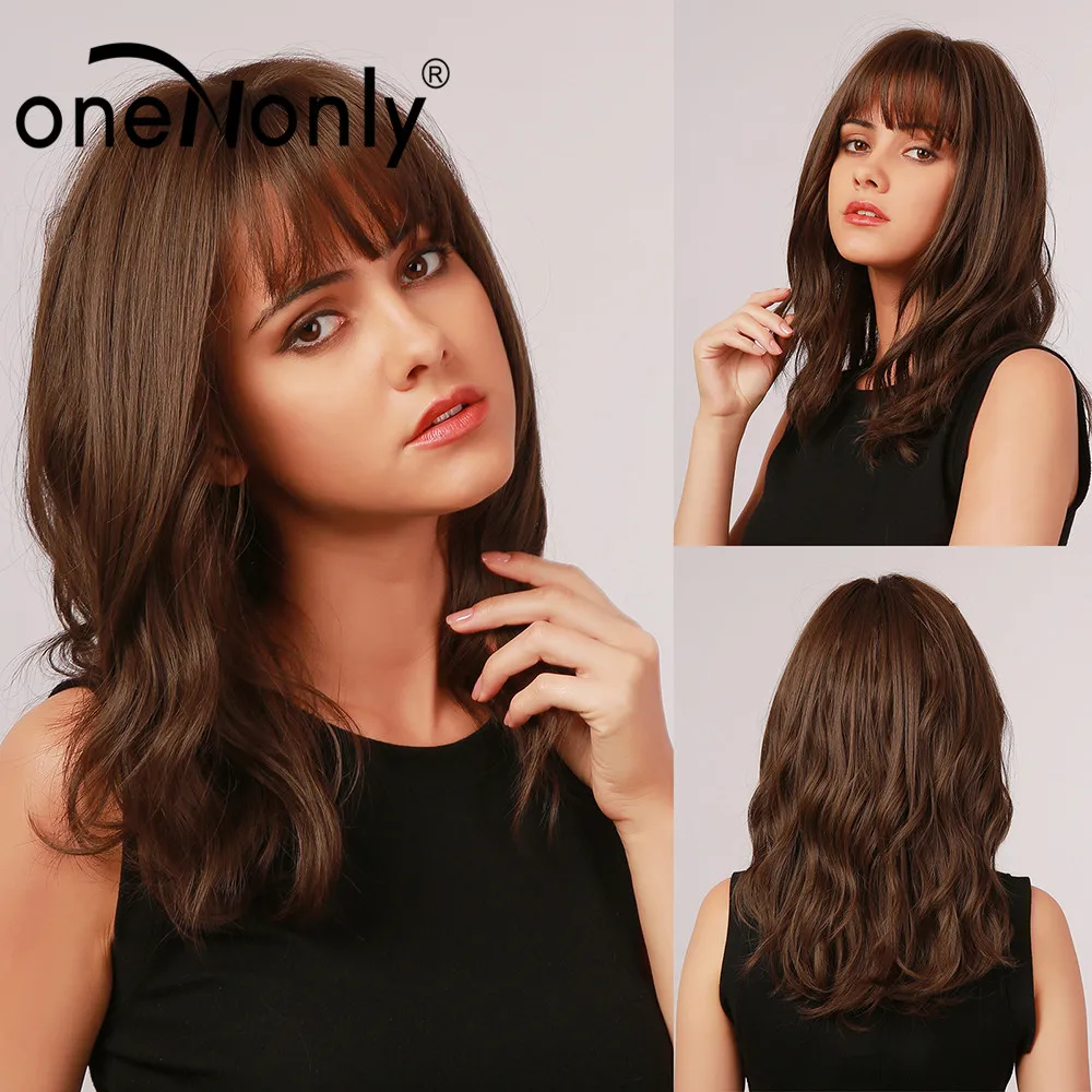 

Женские волнистые парики oneNonly, темно-каштановые синтетические парики средней длины с челкой для косплея, повседневные термостойкие волосы