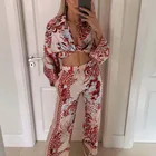 Женский однобортный комплект из 2 предметов, Осенний Повседневный блейзер с лацканами и принтом и эластичные брюки, комплект из 2 предметов с широкими штанинами