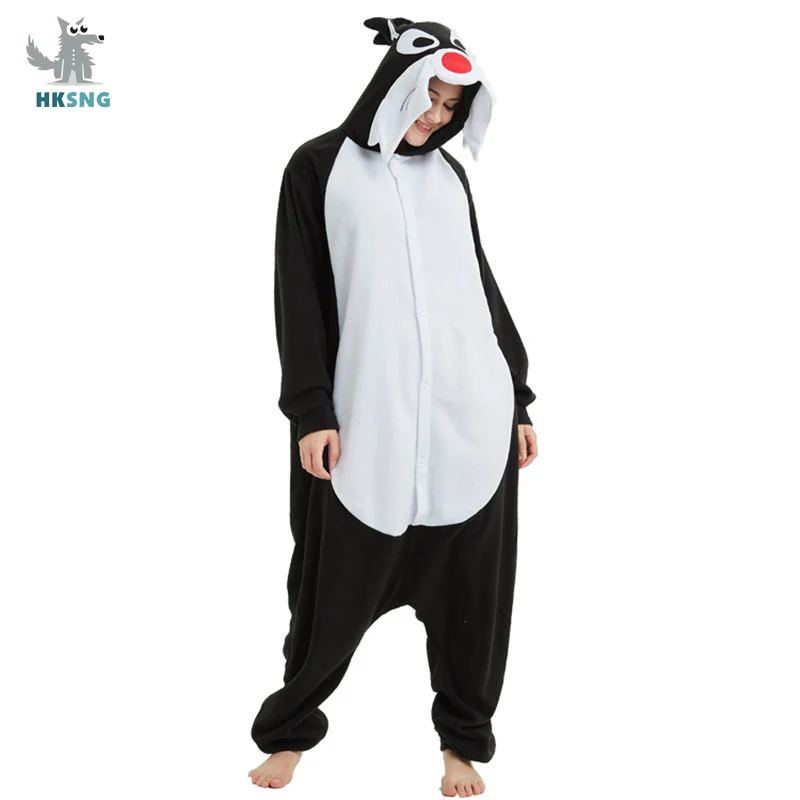 HKSNG взрослых Черный волк Пижама Кигуруми из флиса с декором в виде Хэллоуин