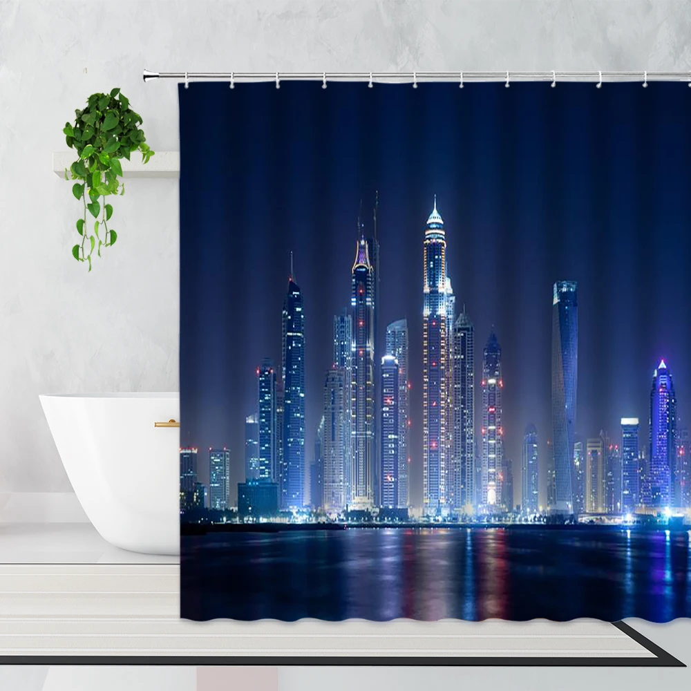 

3D City Night View Shower Curtains Modern Urban Architectural Scenery Bathroom Curtain Set Bathtub Screen Polyester With Hooks