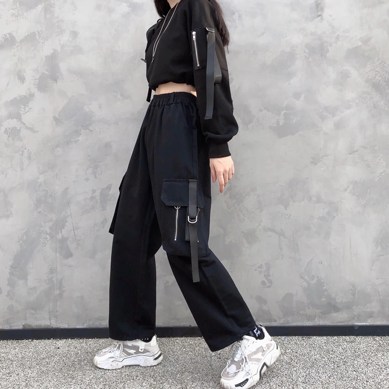 Женские шаровары с боковыми карманами YBYR повседневные Черные Эластичные