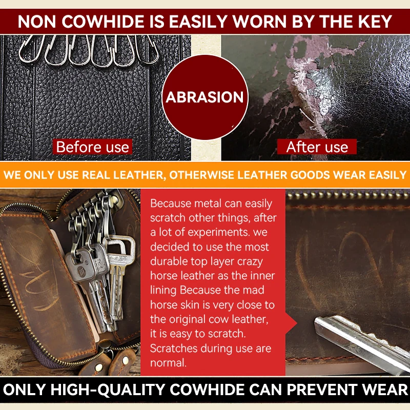 Classic Men's Coin Purse Handmade Genuine Leather Household Key Holder Wallet Double Zipper Card Slot Pouch Vintage Money Bag