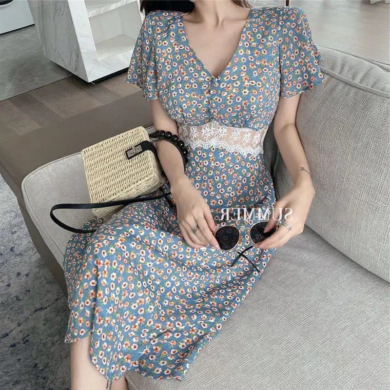 

Light Green Floral Skirt Is Thin New Popular Summer Chiffon French Dress