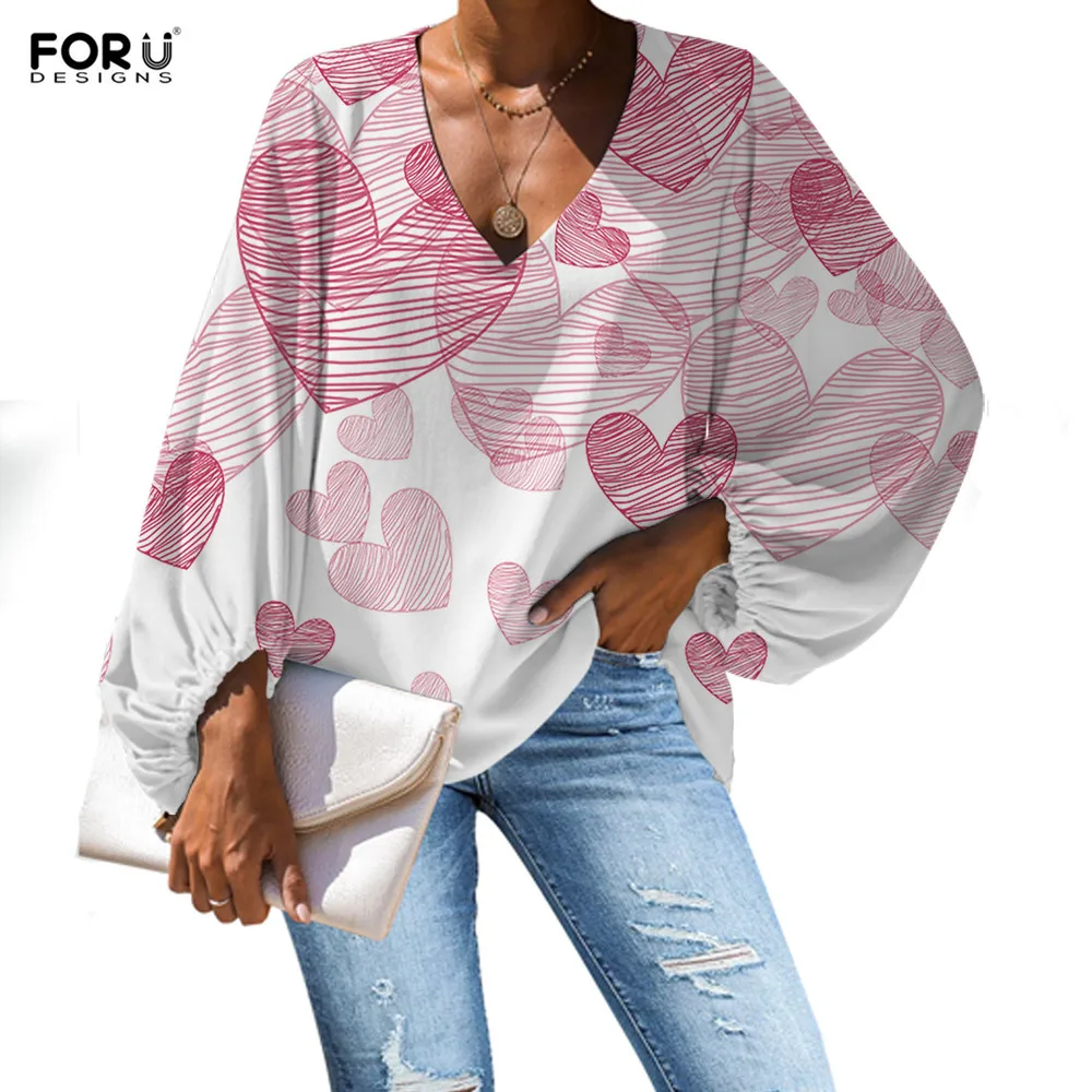 FORUDESIGNS/милые женские блузки с принтом сердца шифоновые топы v образным вырезом и