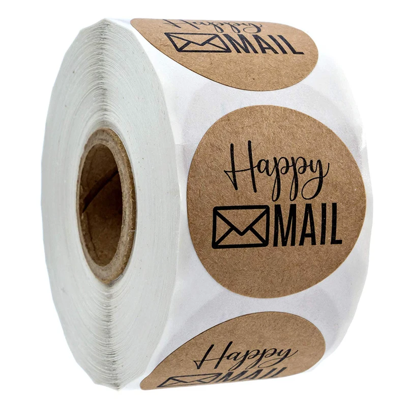 

Custom package round kraft paper happy mail sticker 1 inch envelope gift seal 500 pieces / roll