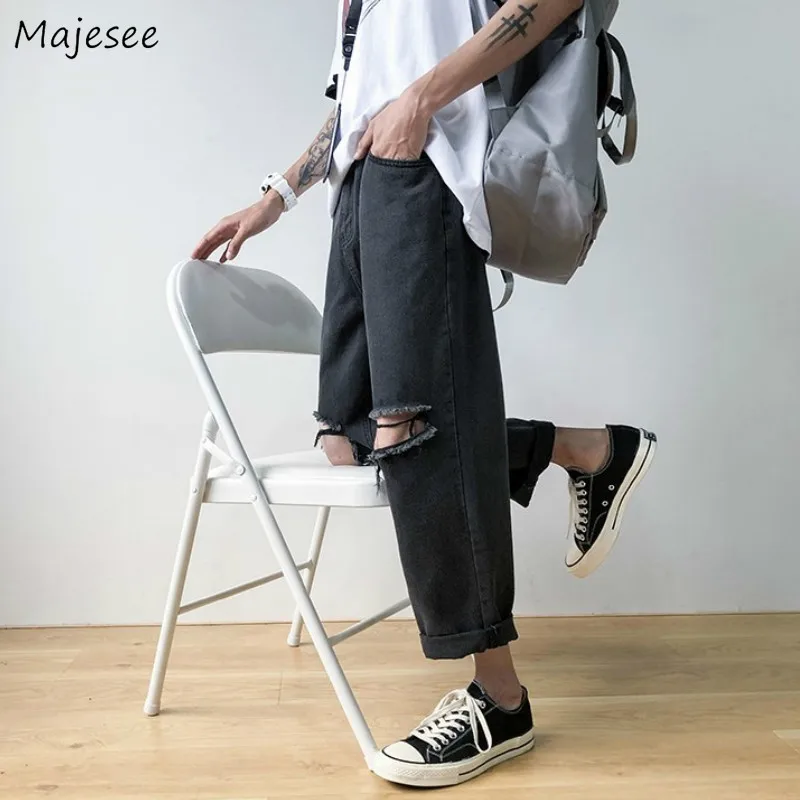 

Men Jeans Summer Male Trousers Ripped Holes Solid Korean Trendy Streetwear Casual Preppy All-match Comfortable Ulzzang 3XL Loose