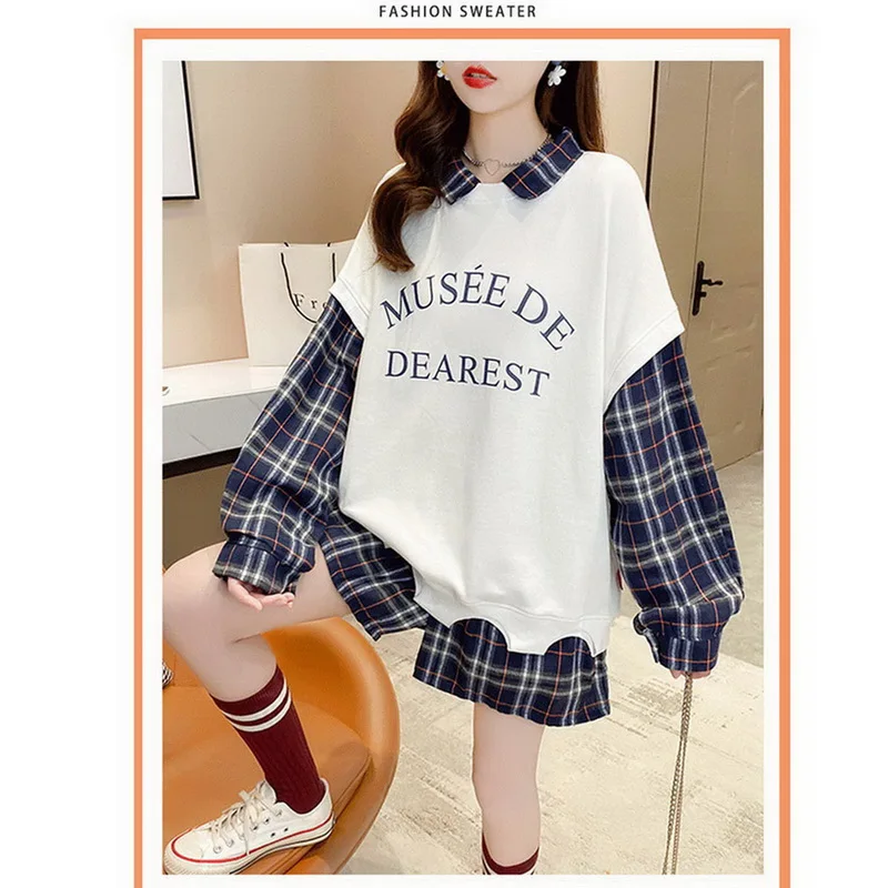 

Spring Autumn Fashion Loose Stitching Fake Two Sweatshirt Lapel Casual Long Sleeve Buttons Oversized Sweatshirt