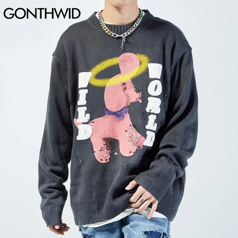 Pаспродажа Свитер GONTHWID в стиле Харадзюку, уличная одежда, с мультяшным принтом собаки, потертый вязаный джемпер с дырками, повседневная трикотажная од...