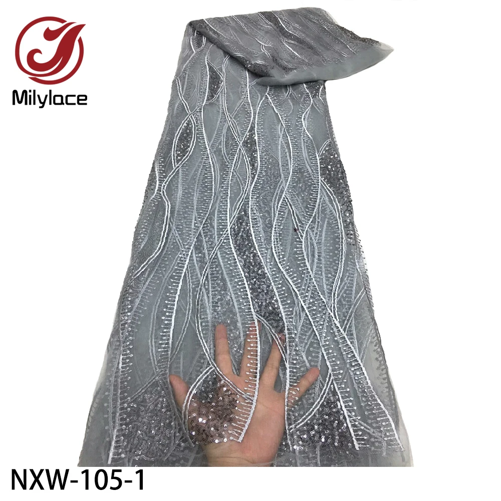 

Milylace African Net Lace Fabric 2020 High Quality Lace Material with Sequins Nigerian Lace Fabrics for Wedding Dress NXW-105