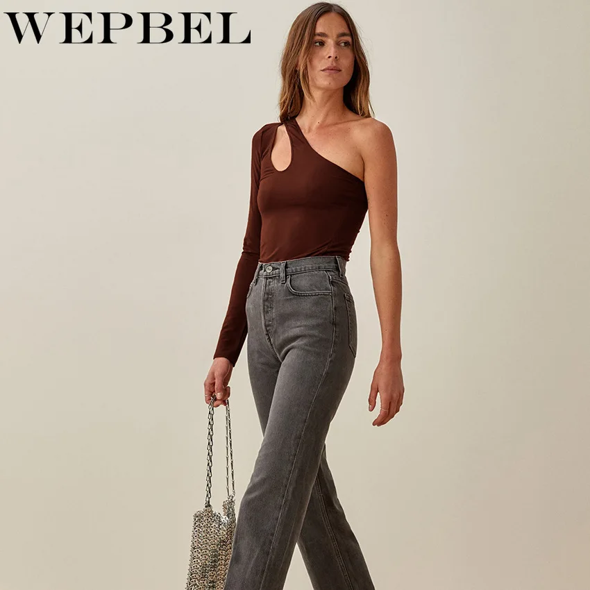 

Mandylandy Women Elegant Hollow Out Skinny Stretchy Irregular Shirt Top Lady Sexy One Shoulder Slim Fit Knit Bottoming T-shirt