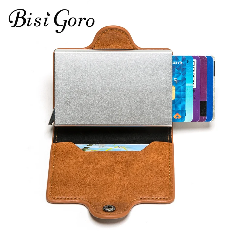 

BISI GORO Mini Purse Male Aluminium Rfid Card Wallet Double Boxes Card Holder Blocking Anti-theft Smart Card Case PU Leather