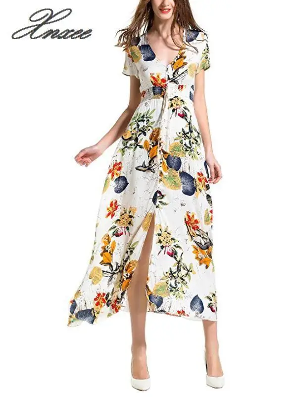 

Fashion Summer Printed Dress Women's Sundress 2020 Bohemian short Sleeve Floral Tunic Vestidos Female Xnxee