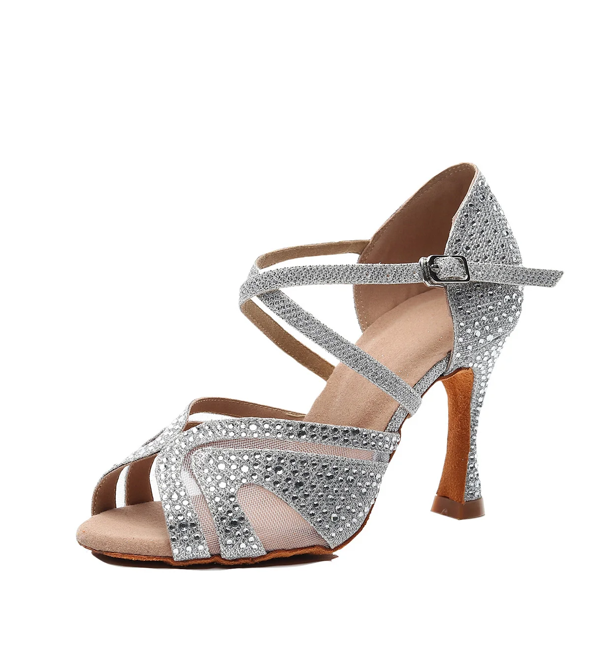 

Ballroom Outdoor Salsa Tango Rubber Dance Shoe Ladies Social Women Latin Dancing Shoes Heel Rhinestone Grey