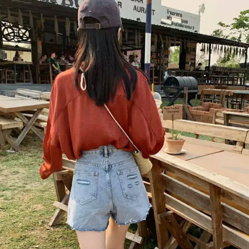 

2021 summer new denim shorts Korean high waist slim loose A-line wide leg pants with holes