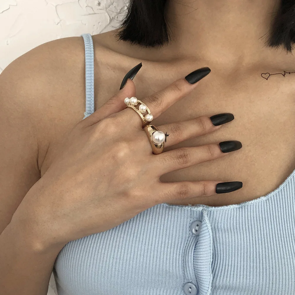 

AOMU 1SET INS Vintage Geometric Round Crystal Imitation Pearl Rings for Women Simple Metal Gold Color Ring Set Jewelry Gifts