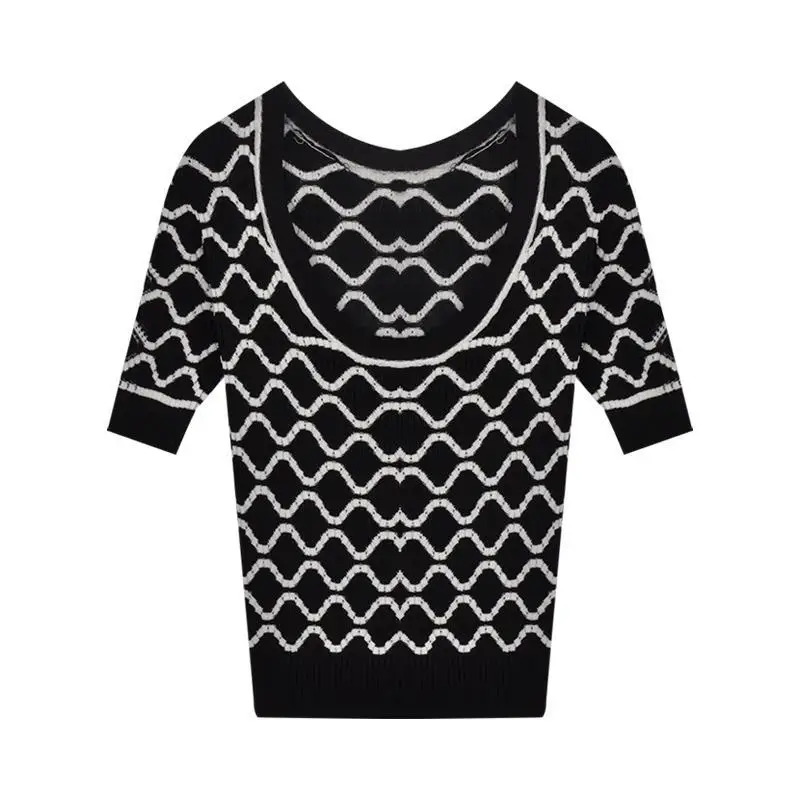 

2021 new small fragrance square collar diamond lattice slim fit two wear sexy short sleeve T-shirt