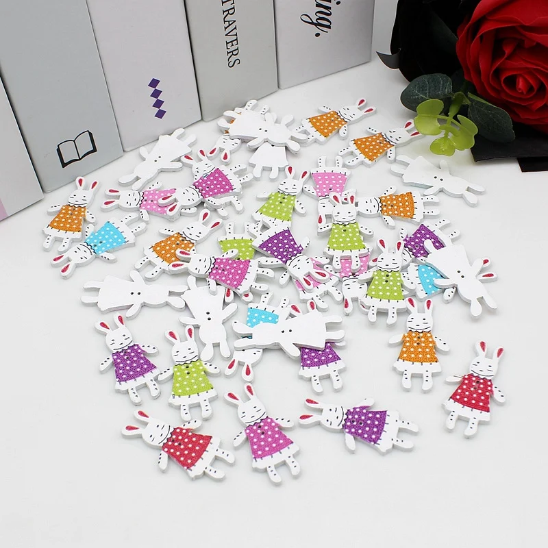 

50pcs/lot Colour Mixture Decorative rabbit Buttons White Base Wooden Buttons for Crafts DIY Decor Accessories