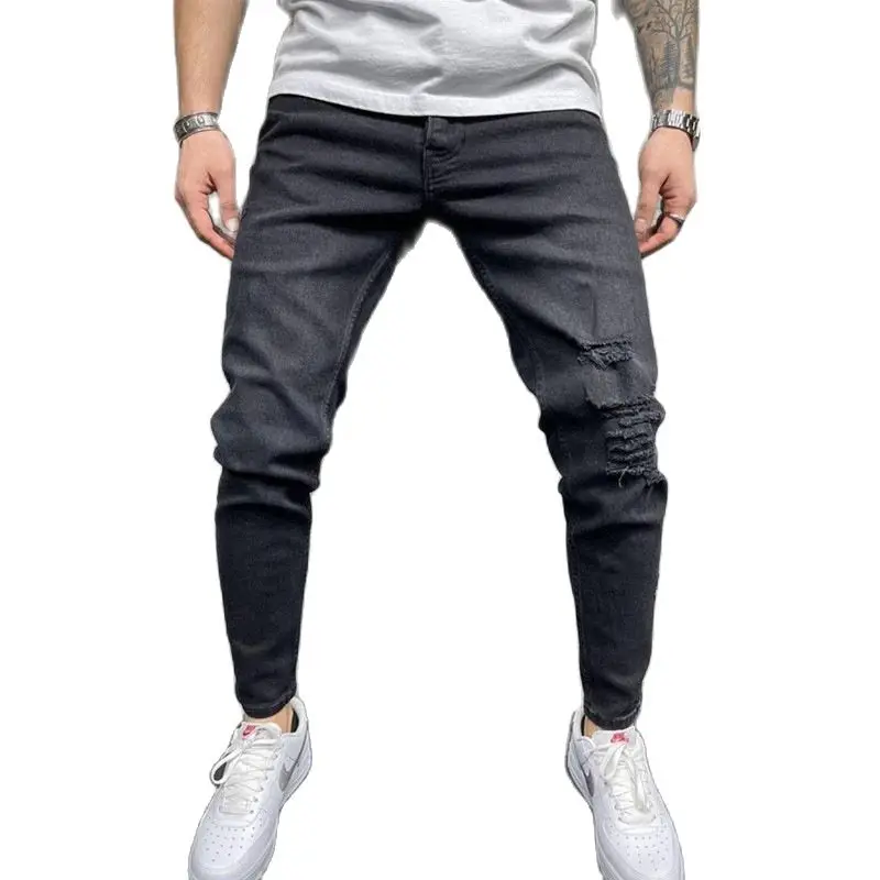 

Men's Jeans Solid Color Casual Slim Fit Feet Pants Washed Denim Trousers