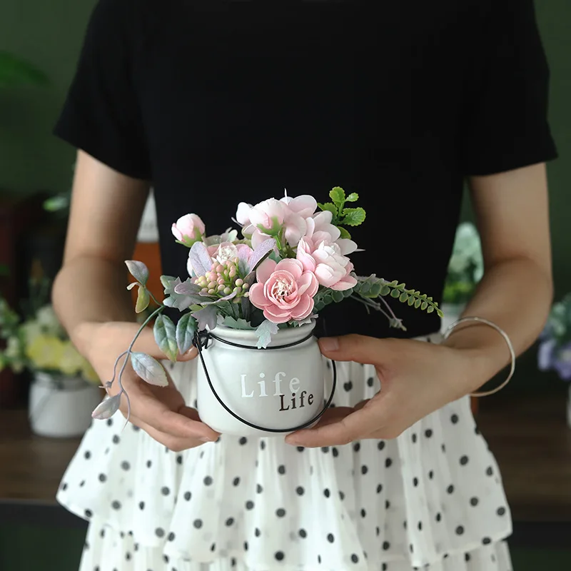 Искусственные цветы розы с горшок домашний декор Бонсай Аксессуары пионы