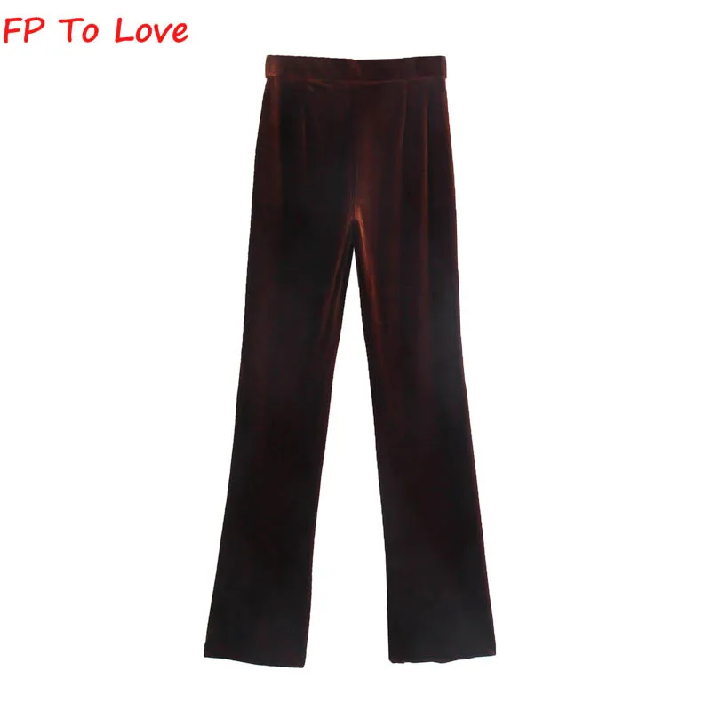 

FP To Love Woman Vintage Velvet Wide Leg Pants Casual Elastic Waist Spring Autumn Solid Brown Black Long Trousers