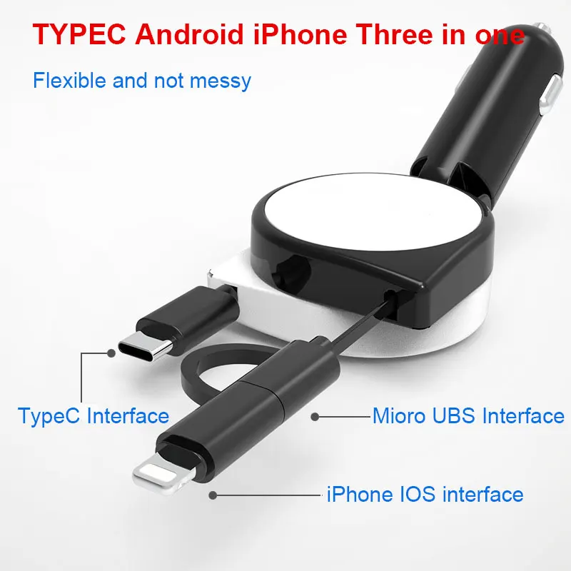 

The New Three-In-one Single Pull Retractable Car Charger Car Cigarette Lighter, Suitable For Apple Android Typec